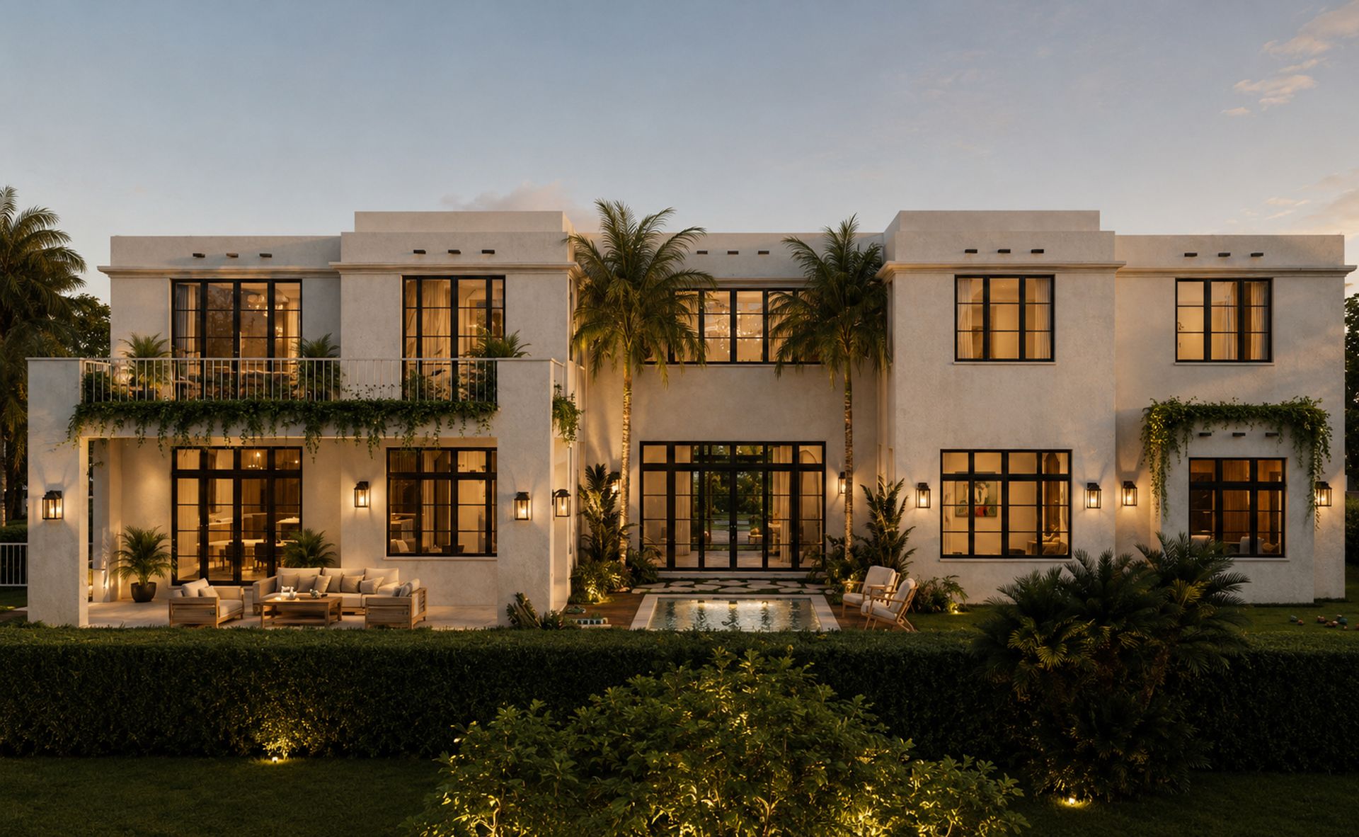 Luxury modern waterfront residence at dusk in South Florida